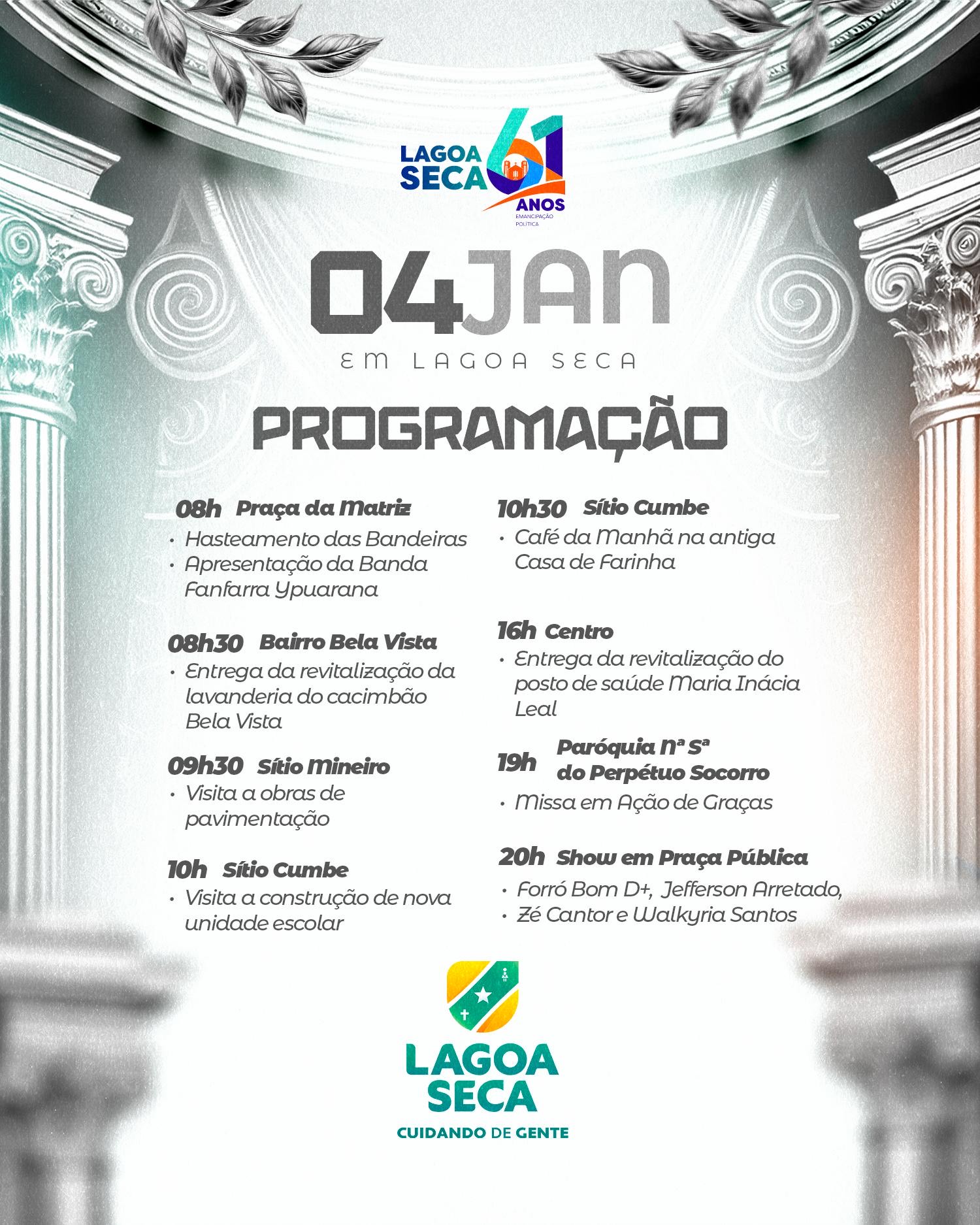 Lagoa Seca celebra 61 anos neste sábado com programação especial e shows em praça pública